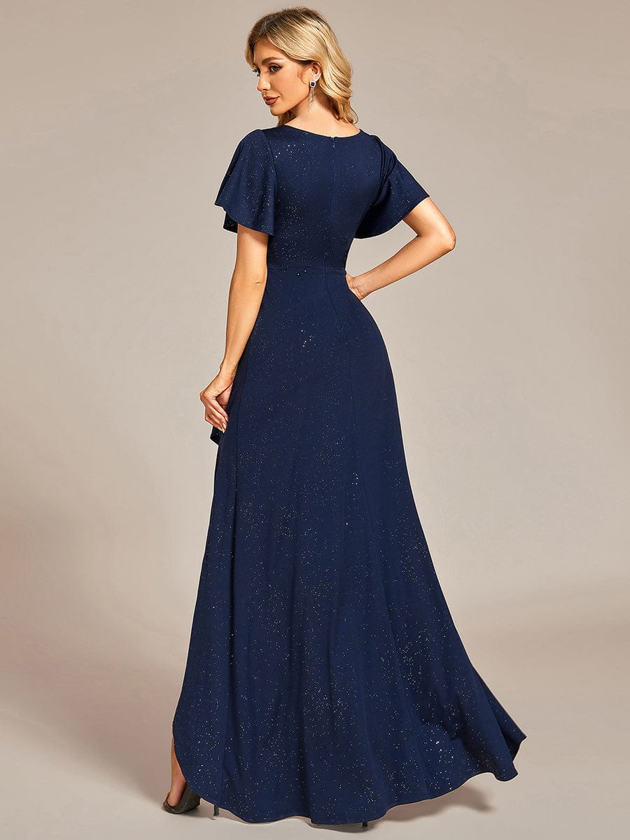 Ruffled Sleeve Tea Length Evening Dress with Side Split - Image 3