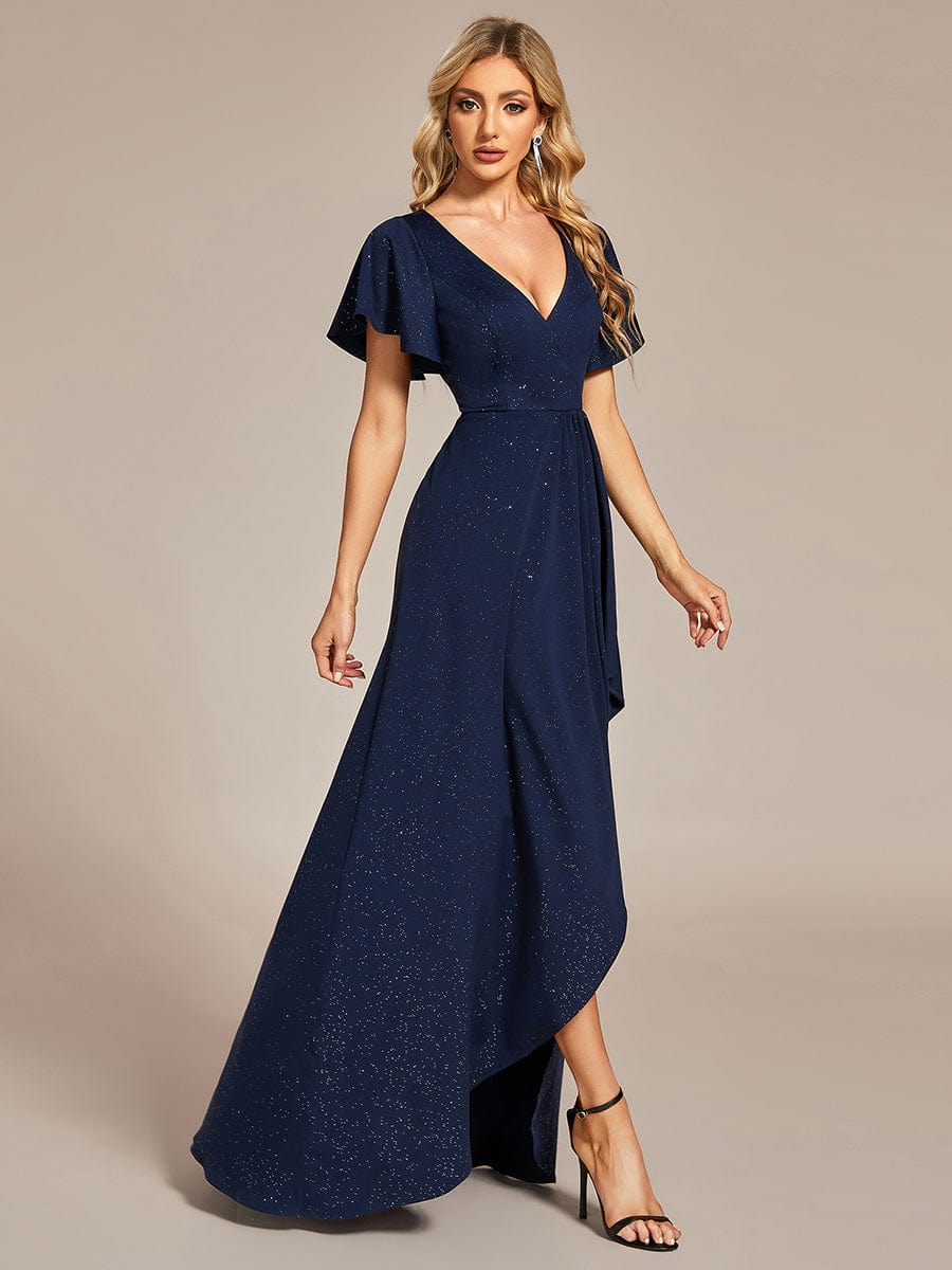 Ruffled Sleeve Tea Length Evening Dress with Side Split - Image 4