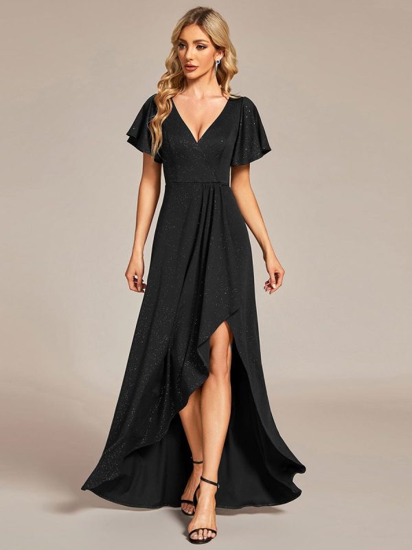 Ruffled Sleeve Tea Length Evening Dress with Side Split - Image 6