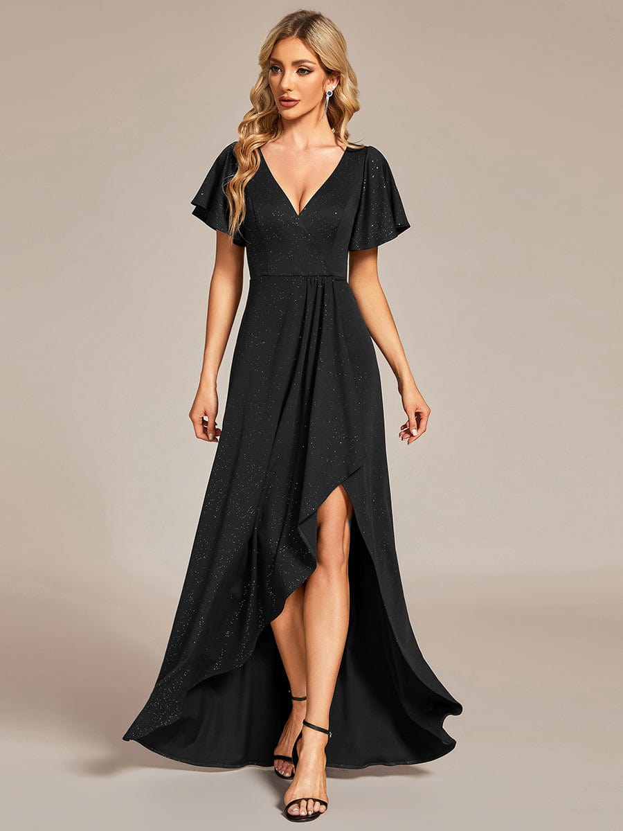 Ruffled Sleeve Tea Length Evening Dress with Side Split - Image 6