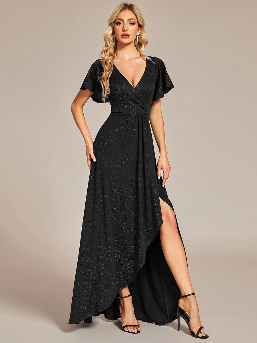 Ruffled Sleeve Tea Length Evening Dress with Side Split - Image 8