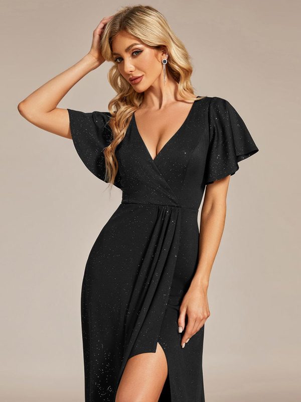 Ruffled Sleeve Tea Length Evening Dress with Side Split - Image 9