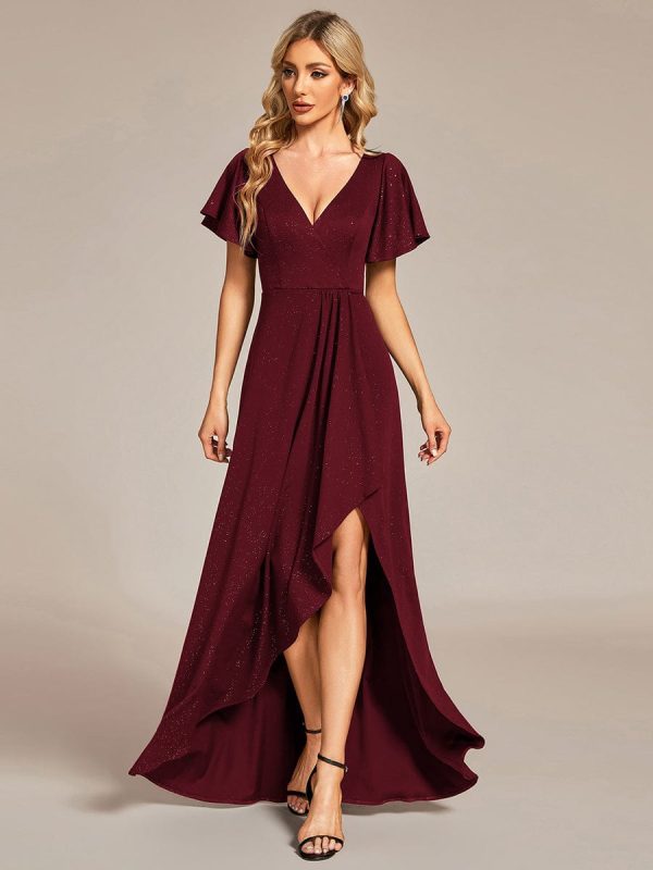 Ruffled Sleeve Tea Length Evening Dress with Side Split - Image 10