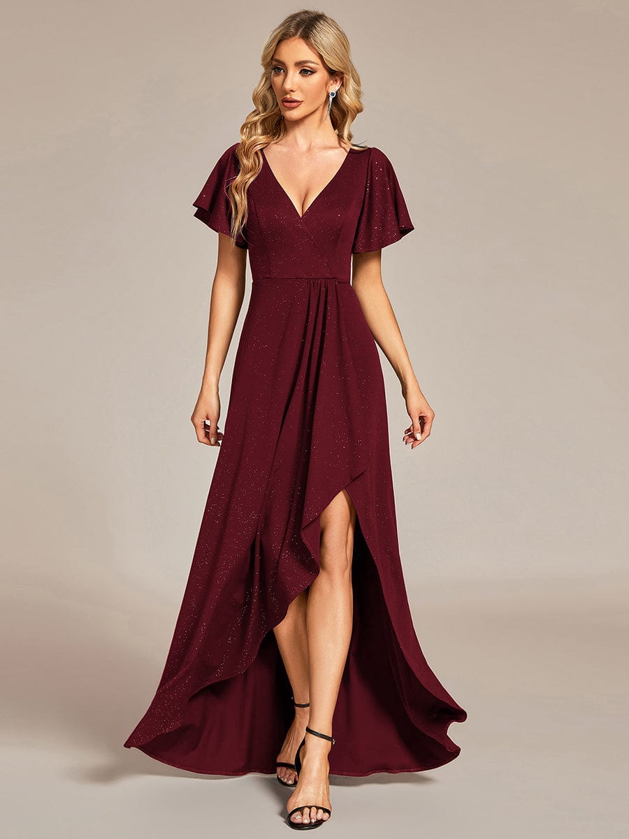 Ruffled Sleeve Tea Length Evening Dress with Side Split - Image 10