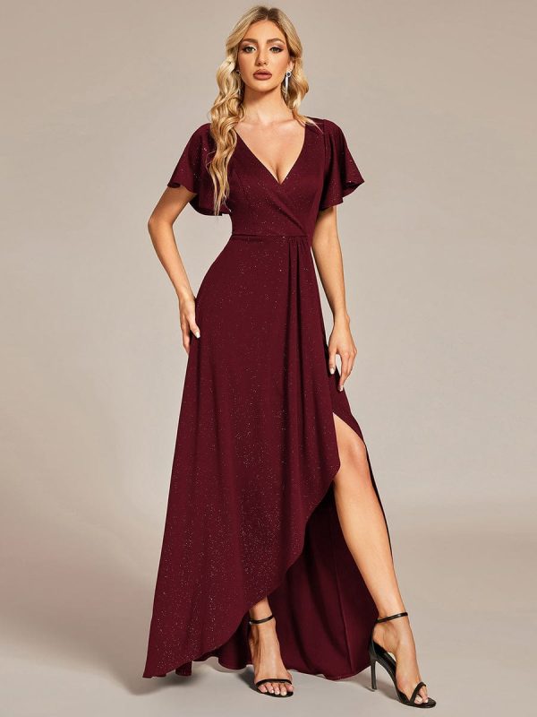 Ruffled Sleeve Tea Length Evening Dress with Side Split - Image 12