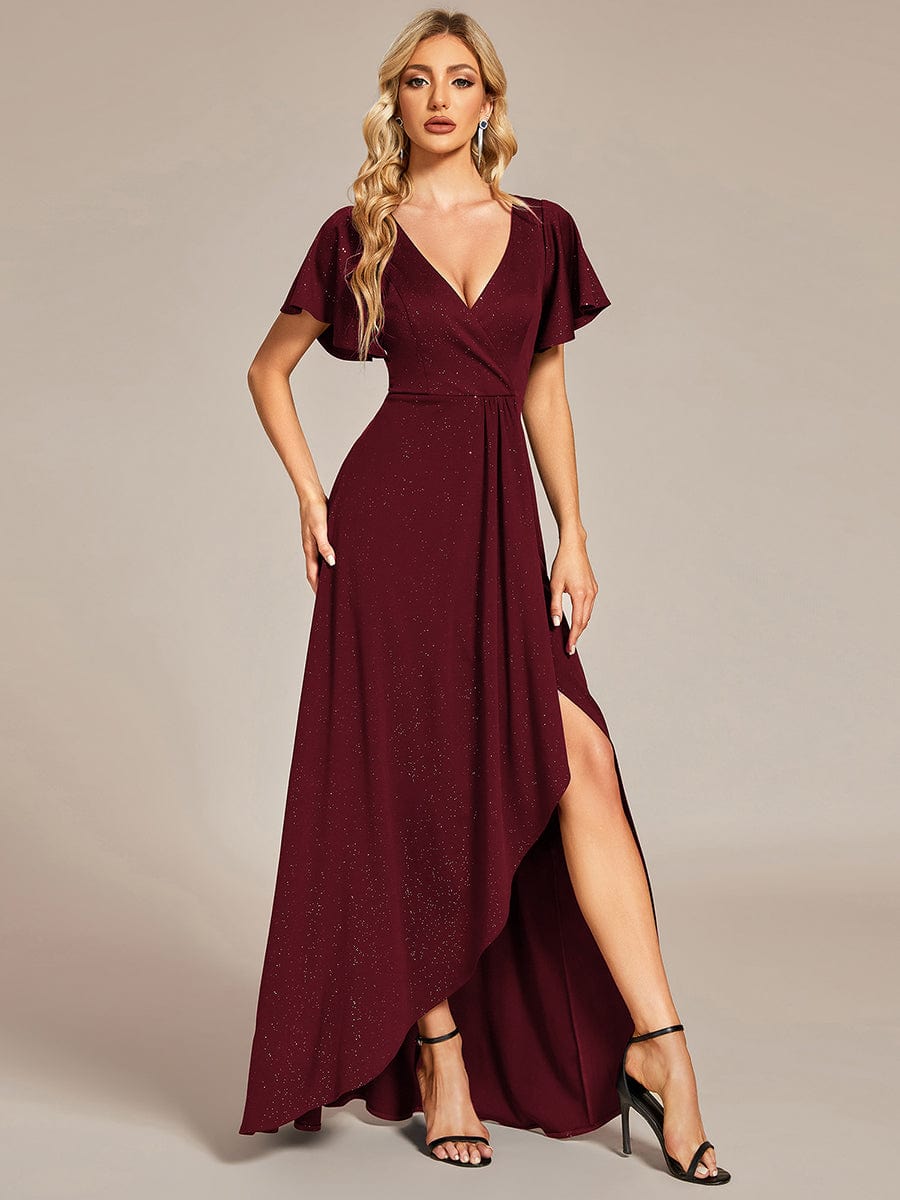 Ruffled Sleeve Tea Length Evening Dress with Side Split - Image 12