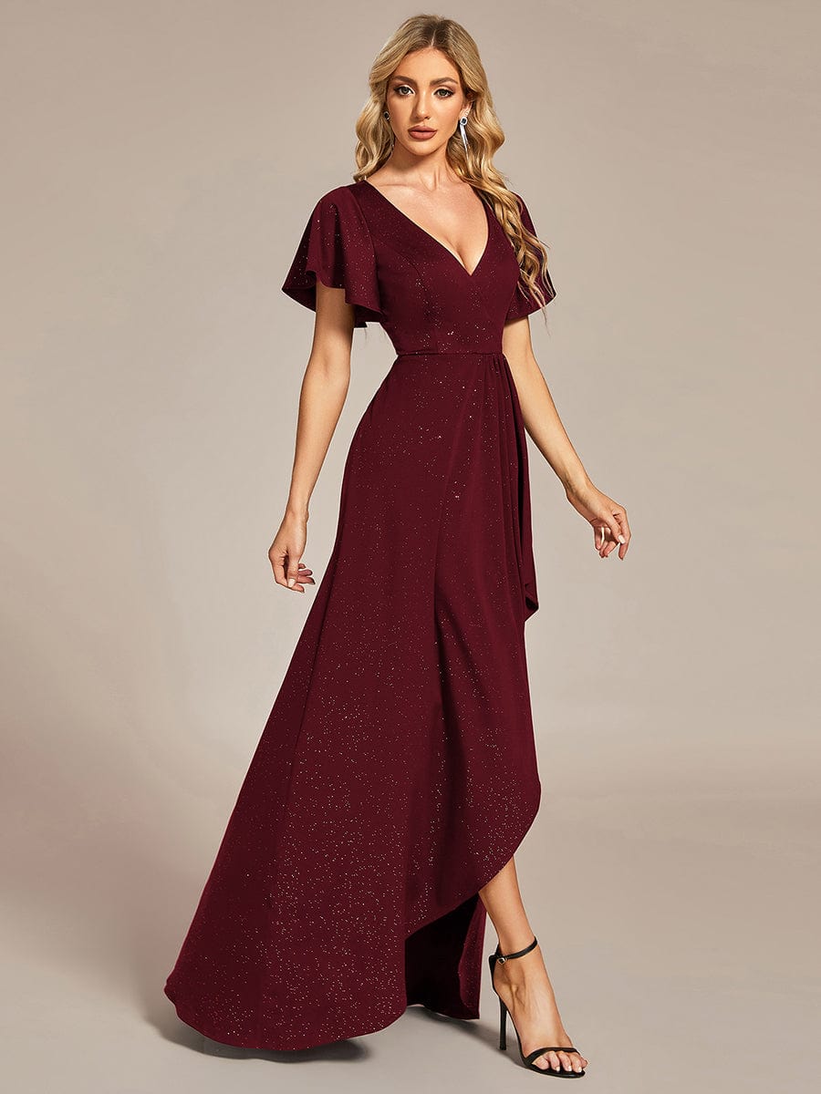 Ruffled Sleeve Tea Length Evening Dress with Side Split - Image 13
