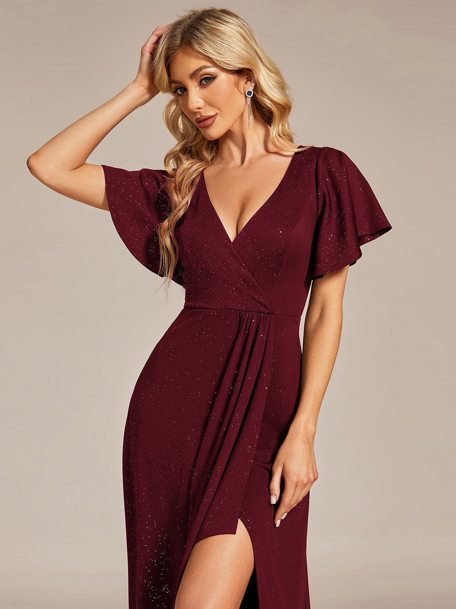 Ruffled Sleeve Tea Length Evening Dress with Side Split - Image 14