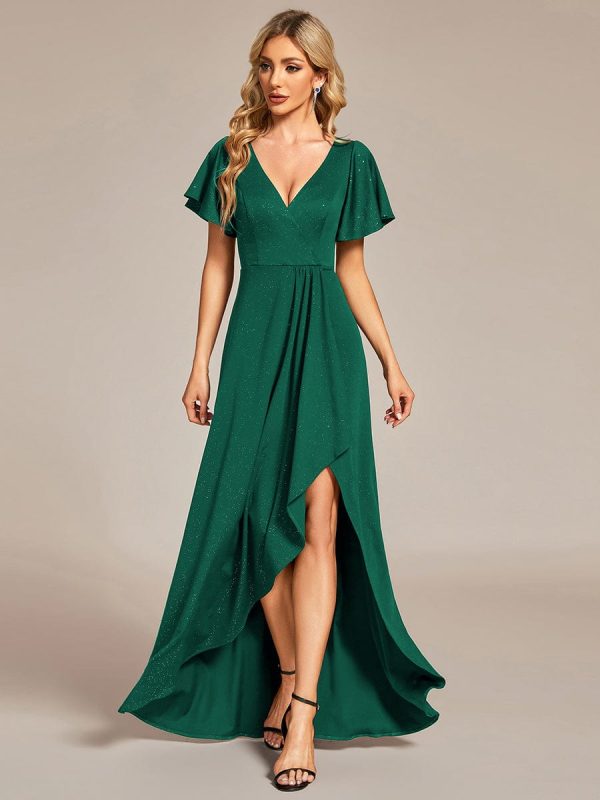 Ruffled Sleeve Tea Length Evening Dress with Side Split - Image 15