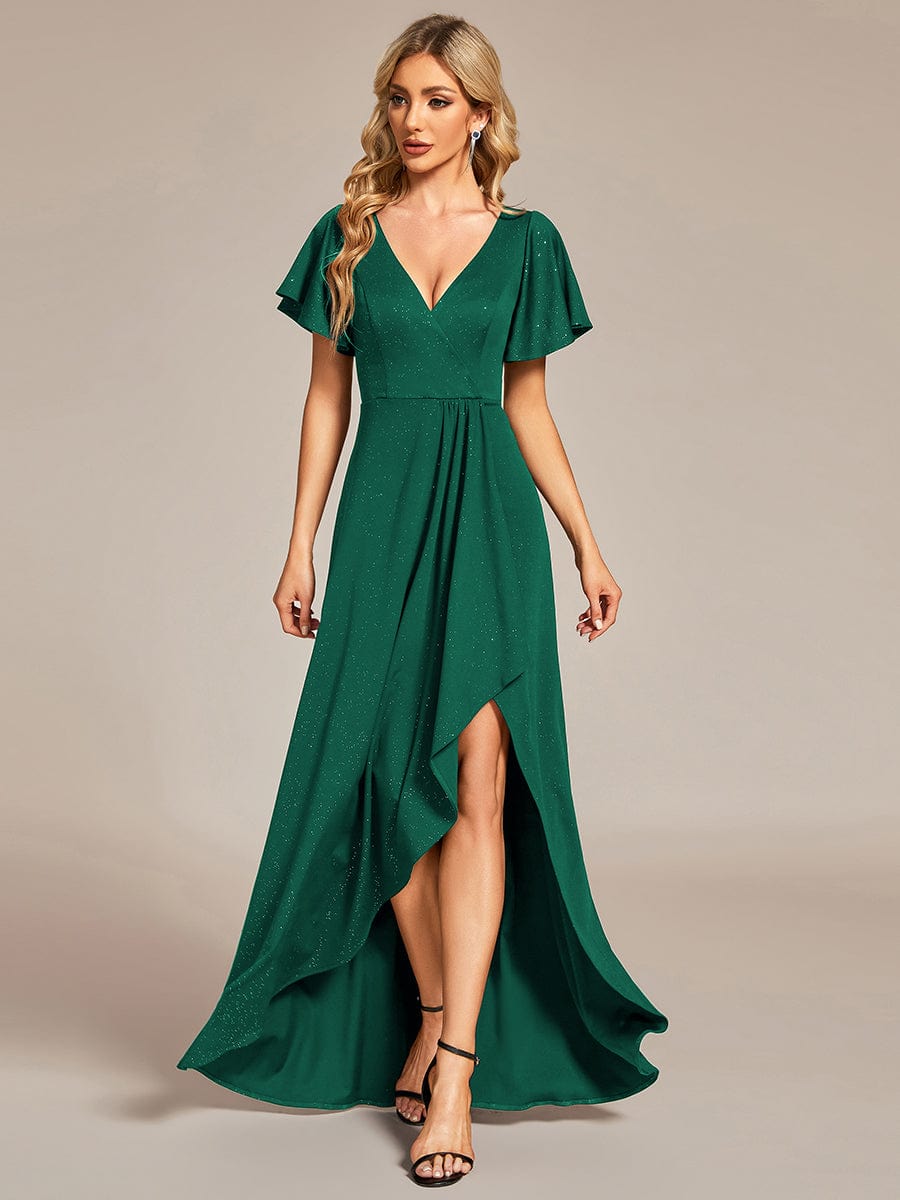 Ruffled Sleeve Tea Length Evening Dress with Side Split - Image 15