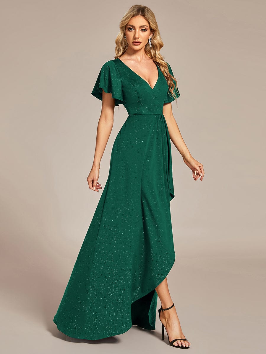 Ruffled Sleeve Tea Length Evening Dress with Side Split - Image 18