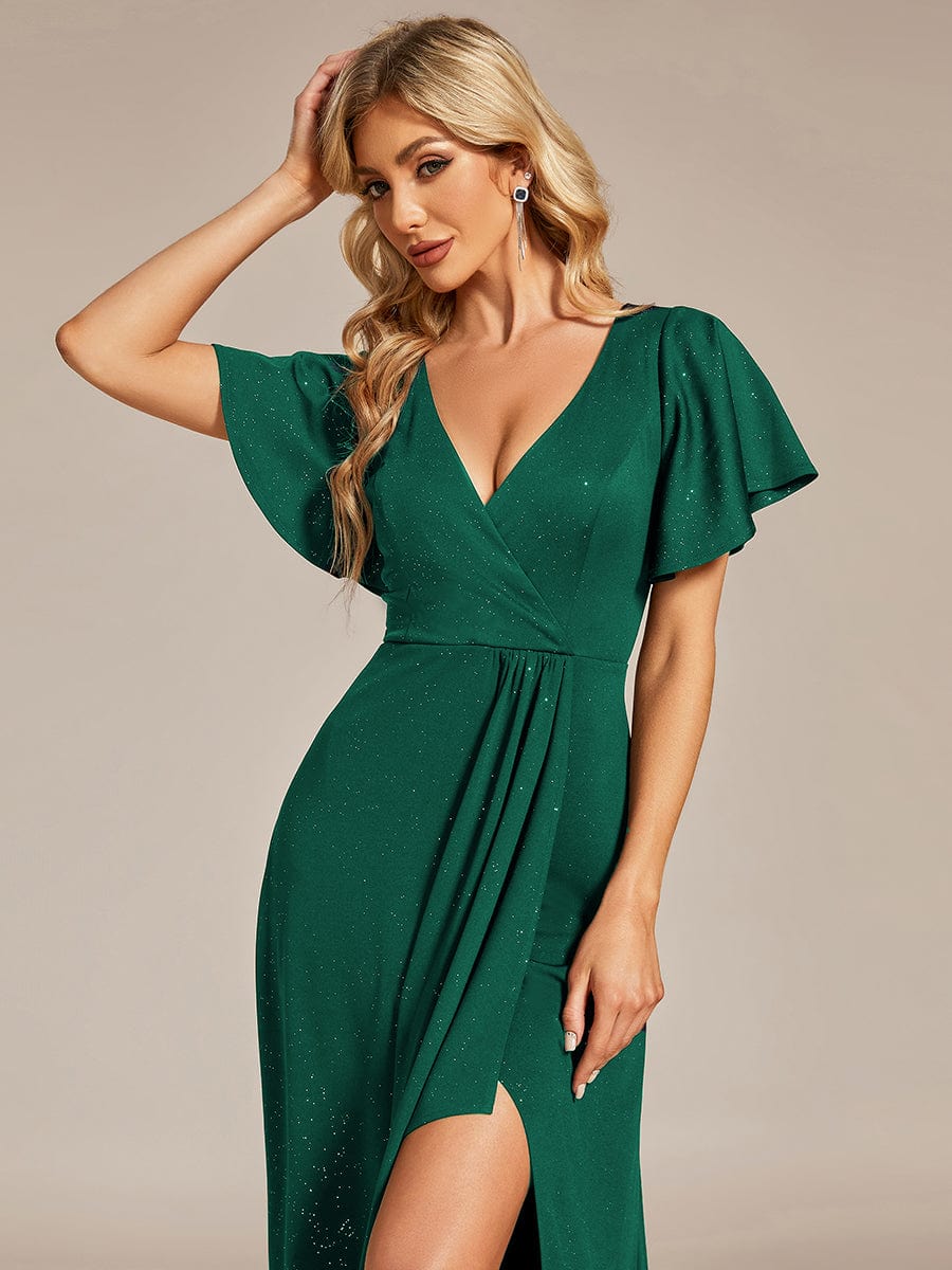Ruffled Sleeve Tea Length Evening Dress with Side Split - Image 19