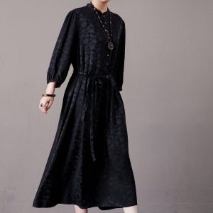 Black Floral Jacquard Midi Dress with Belt