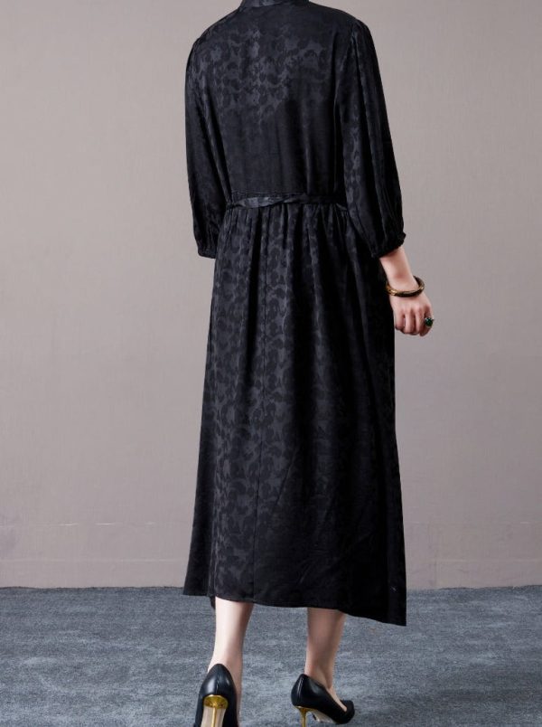 Black Floral Jacquard Midi Dress with Belt - Image 4