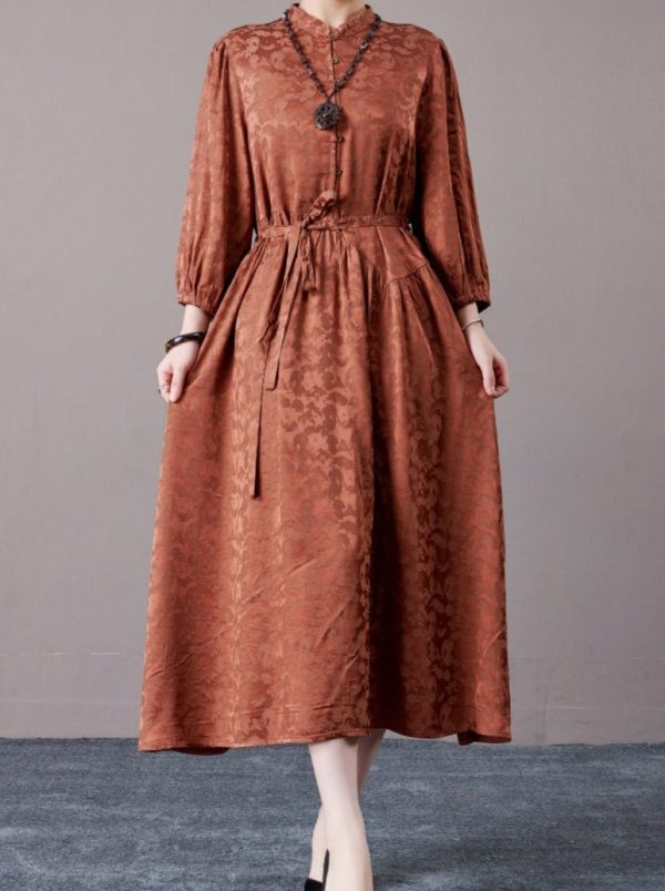 Black Floral Jacquard Midi Dress with Belt - Image 5