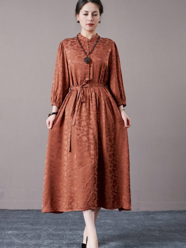 Black Floral Jacquard Midi Dress with Belt - Image 2