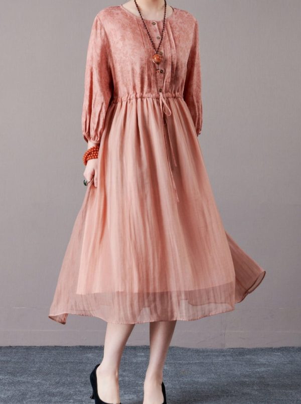 Romantic Blush Pink Floral Midi Dress with Drawstring Waist - Image 2