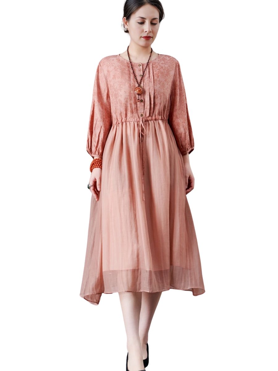Romantic Blush Pink Floral Midi Dress with Drawstring Waist - Image 5