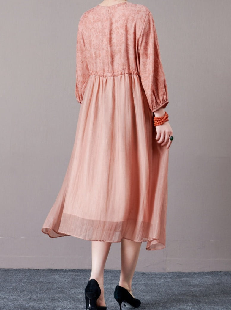 Romantic Blush Pink Floral Midi Dress with Drawstring Waist - Image 4