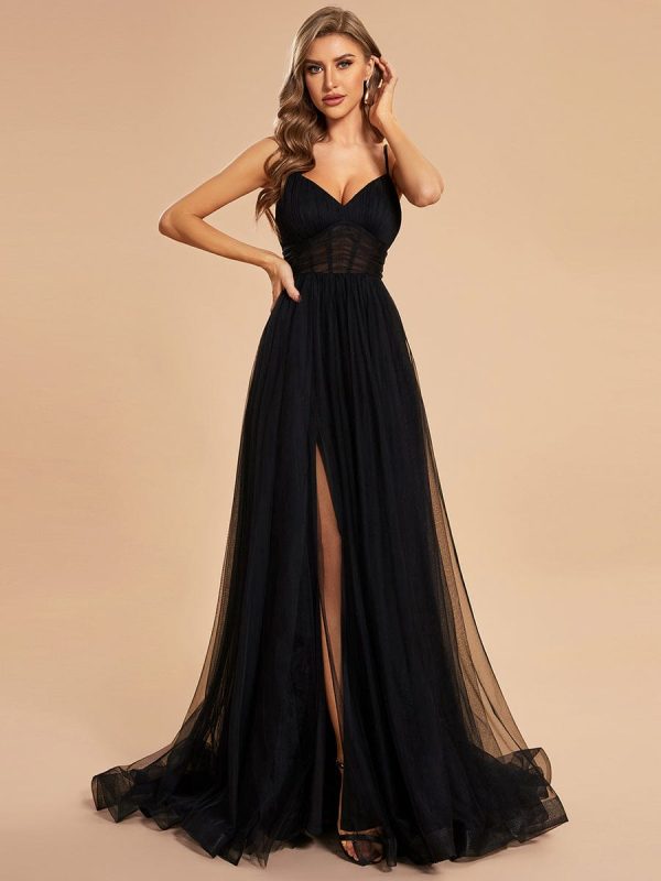 Ethereal Charm Spaghetti Strap High Split Tulle Evening Gown - Wholesale Option - Image 8