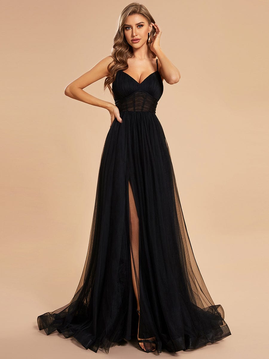Ethereal Charm Spaghetti Strap High Split Tulle Evening Gown - Wholesale Option - Image 8