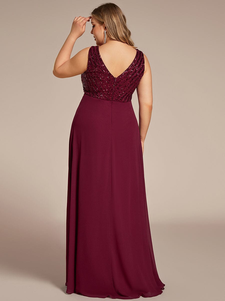 Sequin & Chiffon Plus-Sized Evening Gown without Sleeves with V-Neck - Image 2