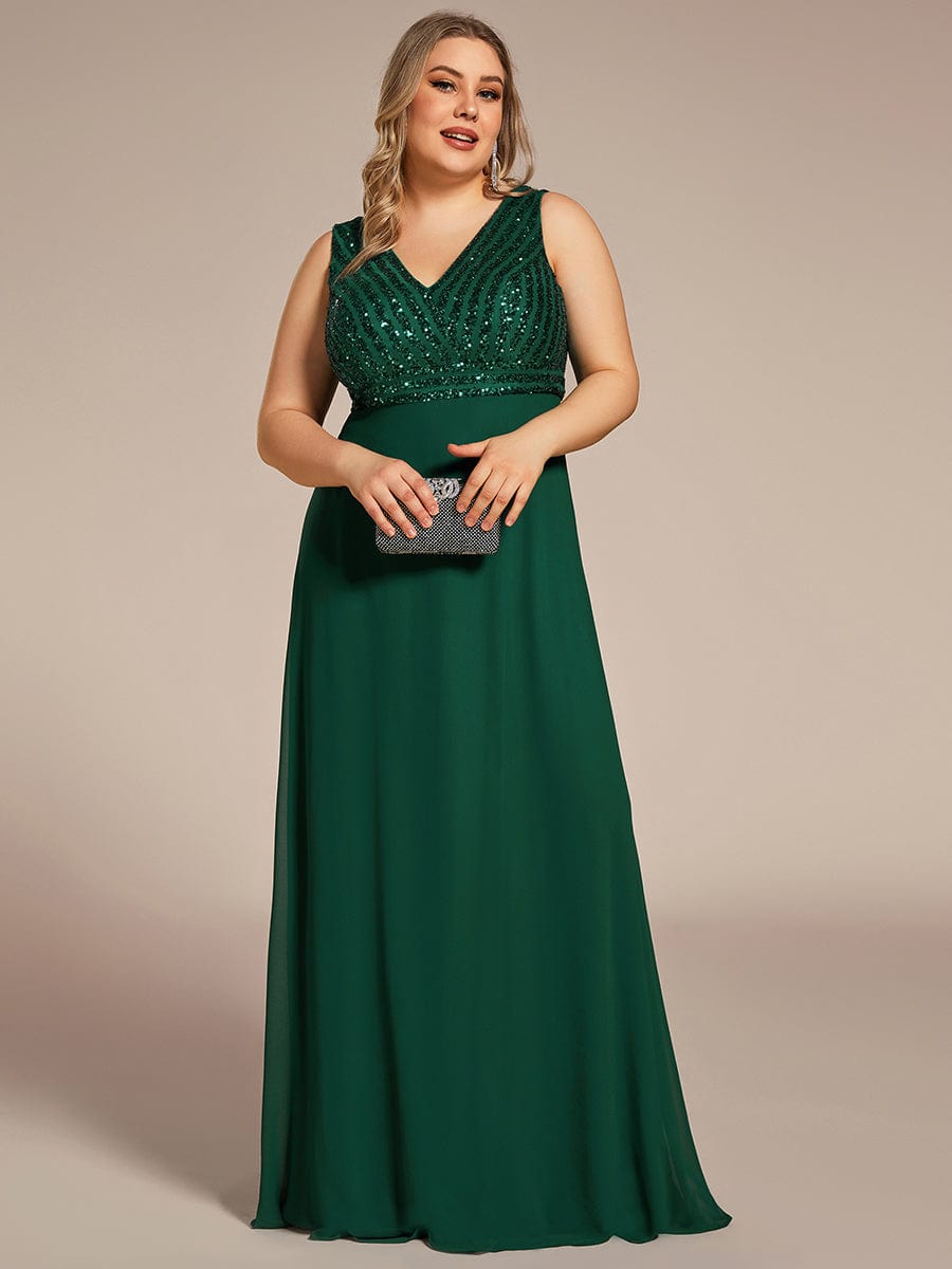 Sequin & Chiffon Plus-Sized Evening Gown without Sleeves with V-Neck - Image 6
