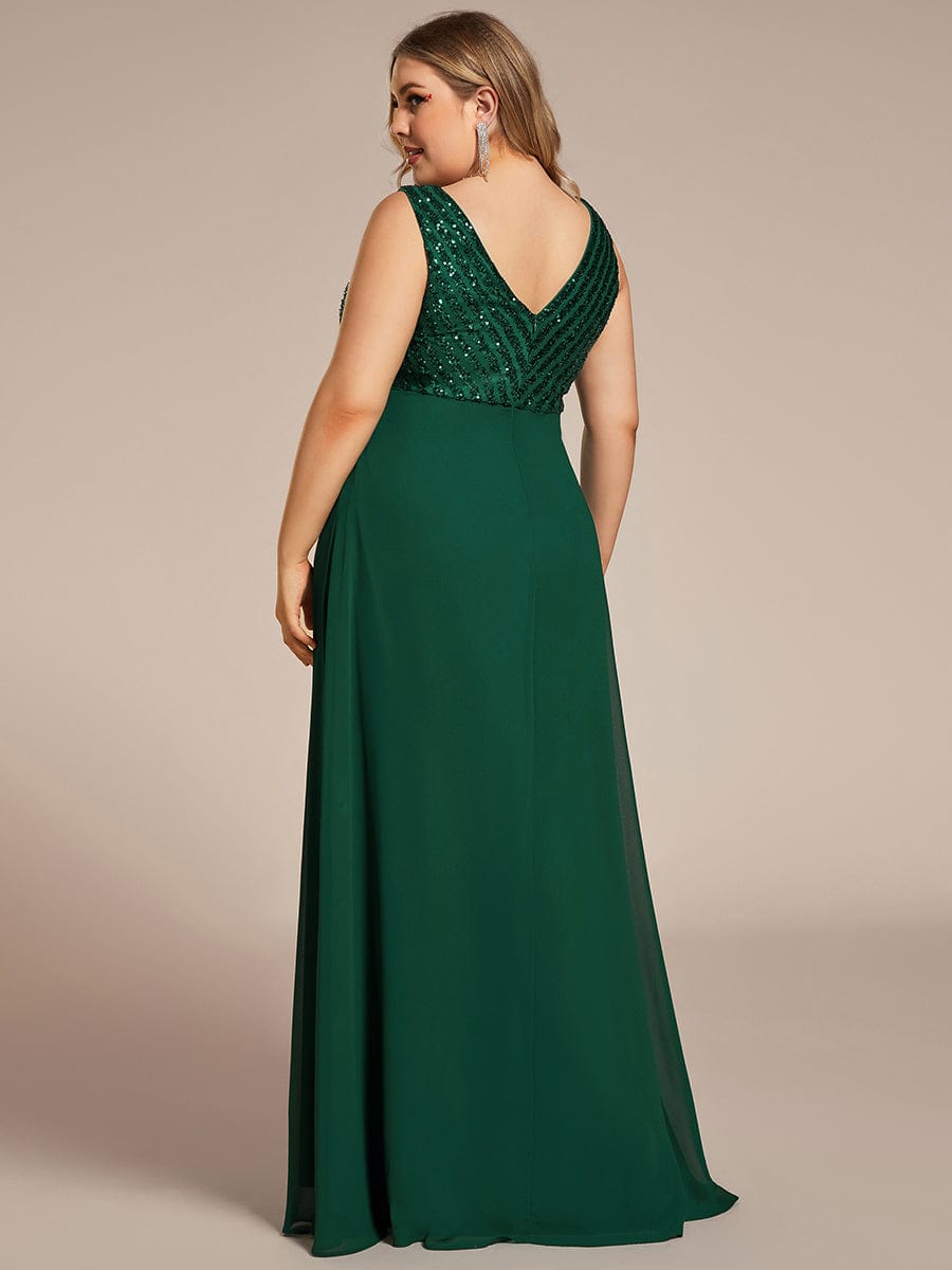 Sequin & Chiffon Plus-Sized Evening Gown without Sleeves with V-Neck - Image 7