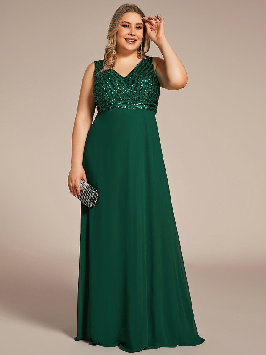 Sequin & Chiffon Plus-Sized Evening Gown without Sleeves with V-Neck - Image 9