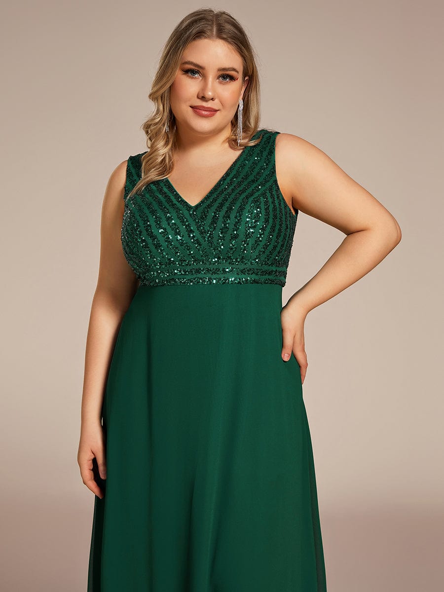 Sequin & Chiffon Plus-Sized Evening Gown without Sleeves with V-Neck - Image 10