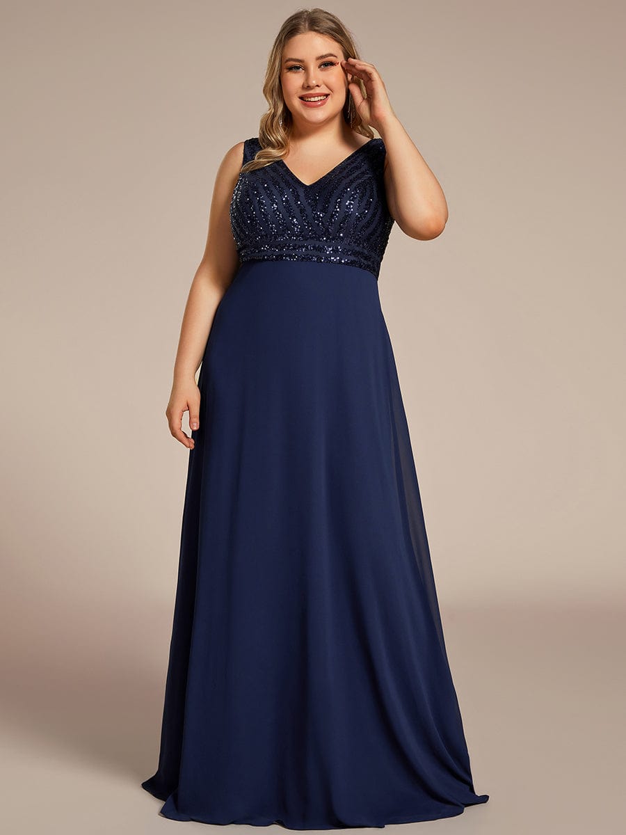 Sequin & Chiffon Plus-Sized Evening Gown without Sleeves with V-Neck - Image 11