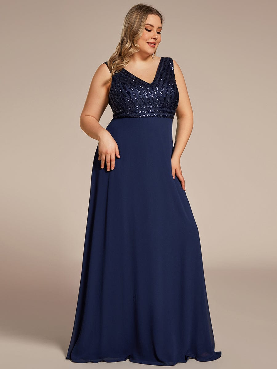 Sequin & Chiffon Plus-Sized Evening Gown without Sleeves with V-Neck - Image 12