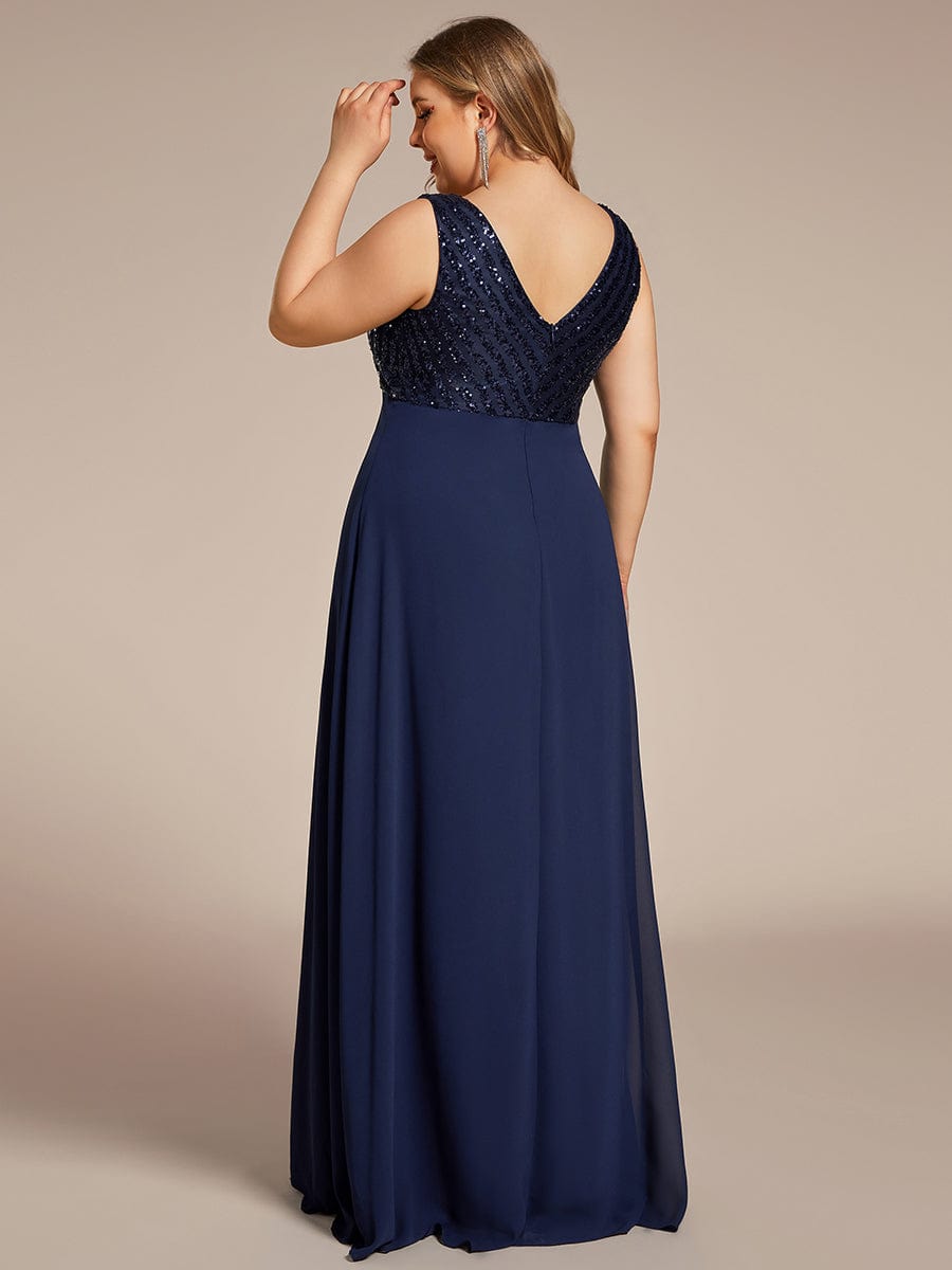 Sequin & Chiffon Plus-Sized Evening Gown without Sleeves with V-Neck - Image 13