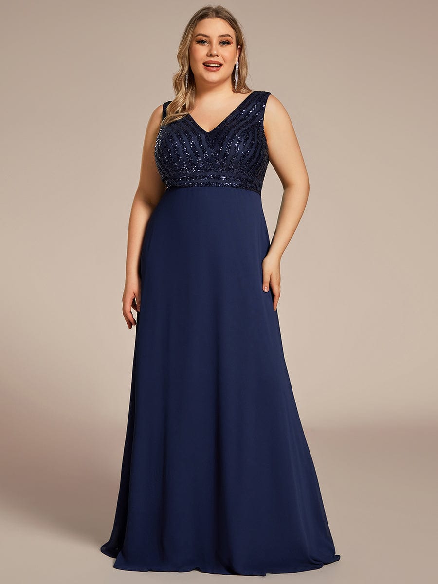 Sequin & Chiffon Plus-Sized Evening Gown without Sleeves with V-Neck - Image 14