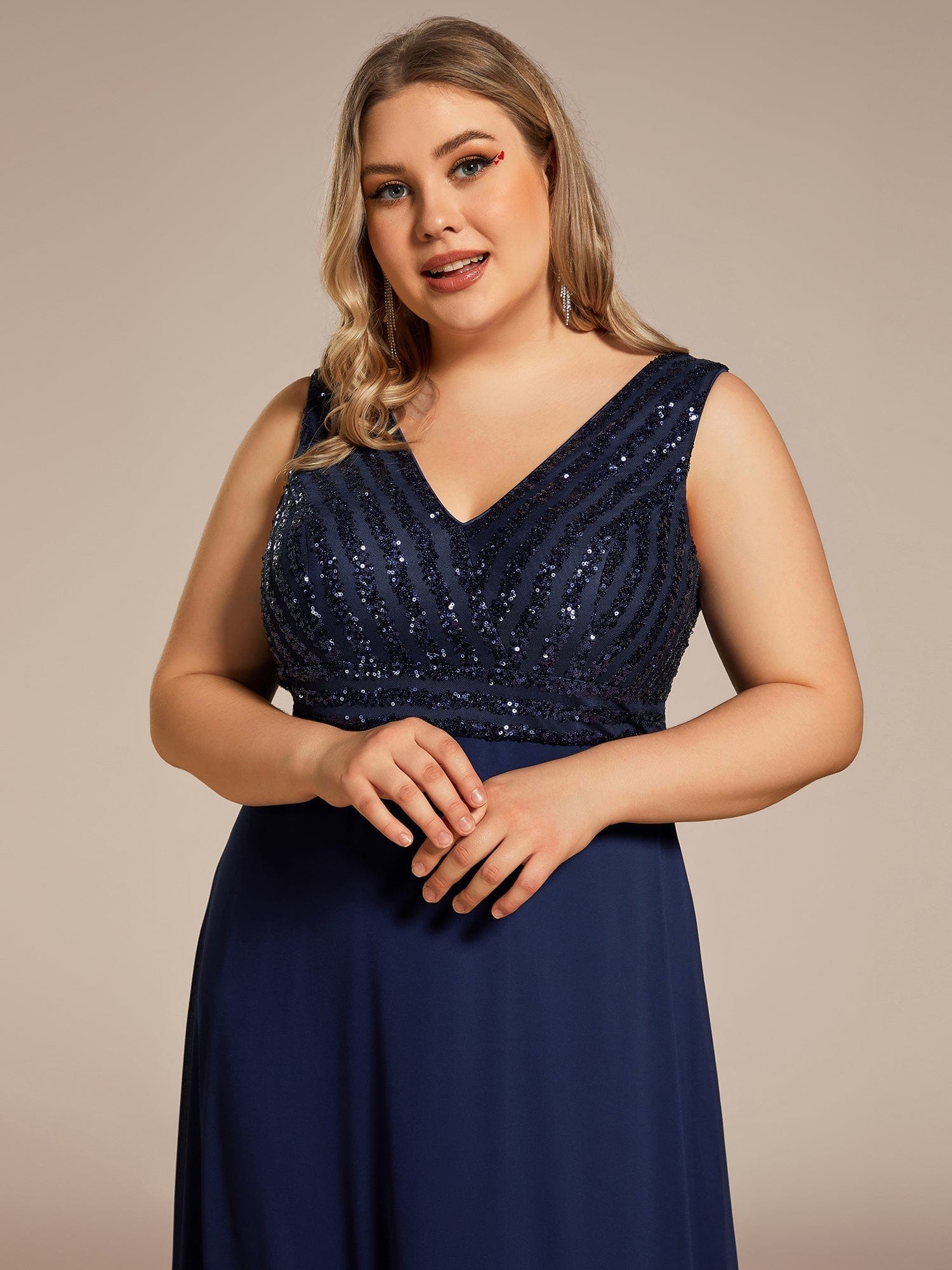Sequin & Chiffon Plus-Sized Evening Gown without Sleeves with V-Neck - Image 15