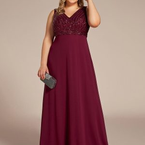 Sequin & Chiffon Plus-Sized Evening Gown without Sleeves with V-Neck