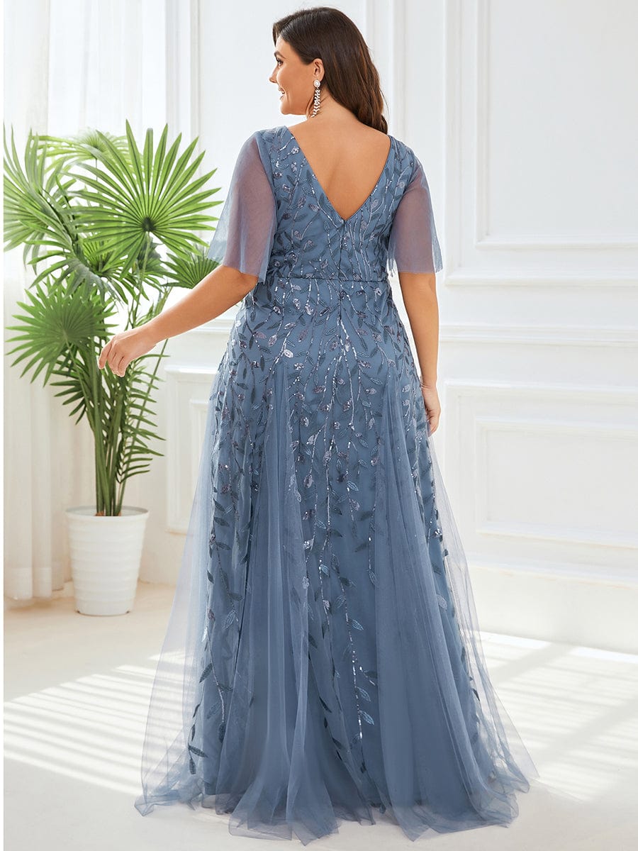 Sequin Embellished Deep V-Neck Plus Size Evening Dress - Image 7