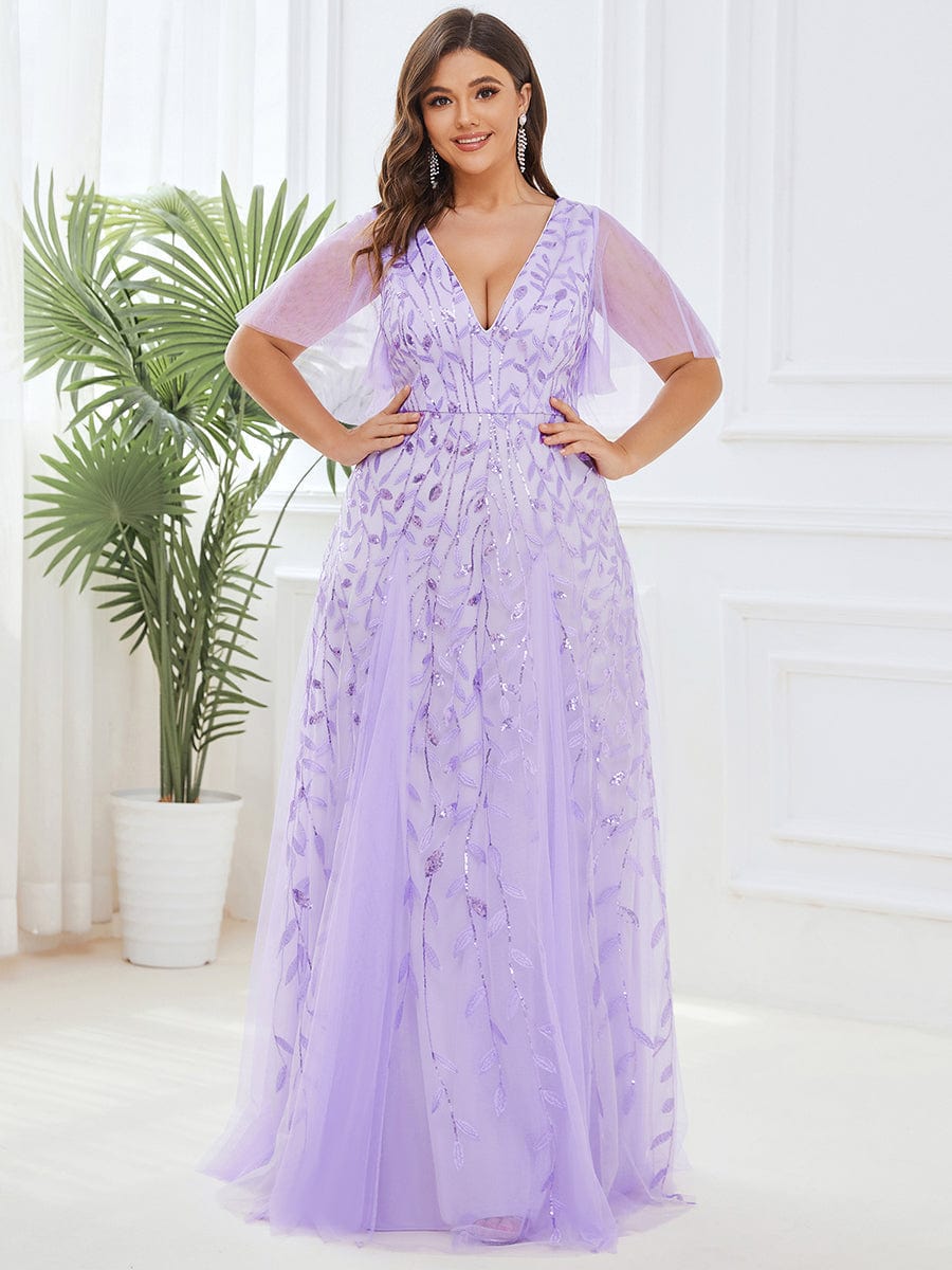 Sequin Embellished Deep V-Neck Plus Size Evening Dress - Image 14