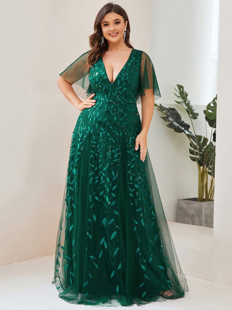 Sequin Embellished Deep V-Neck Plus Size Evening Dress - Image 16