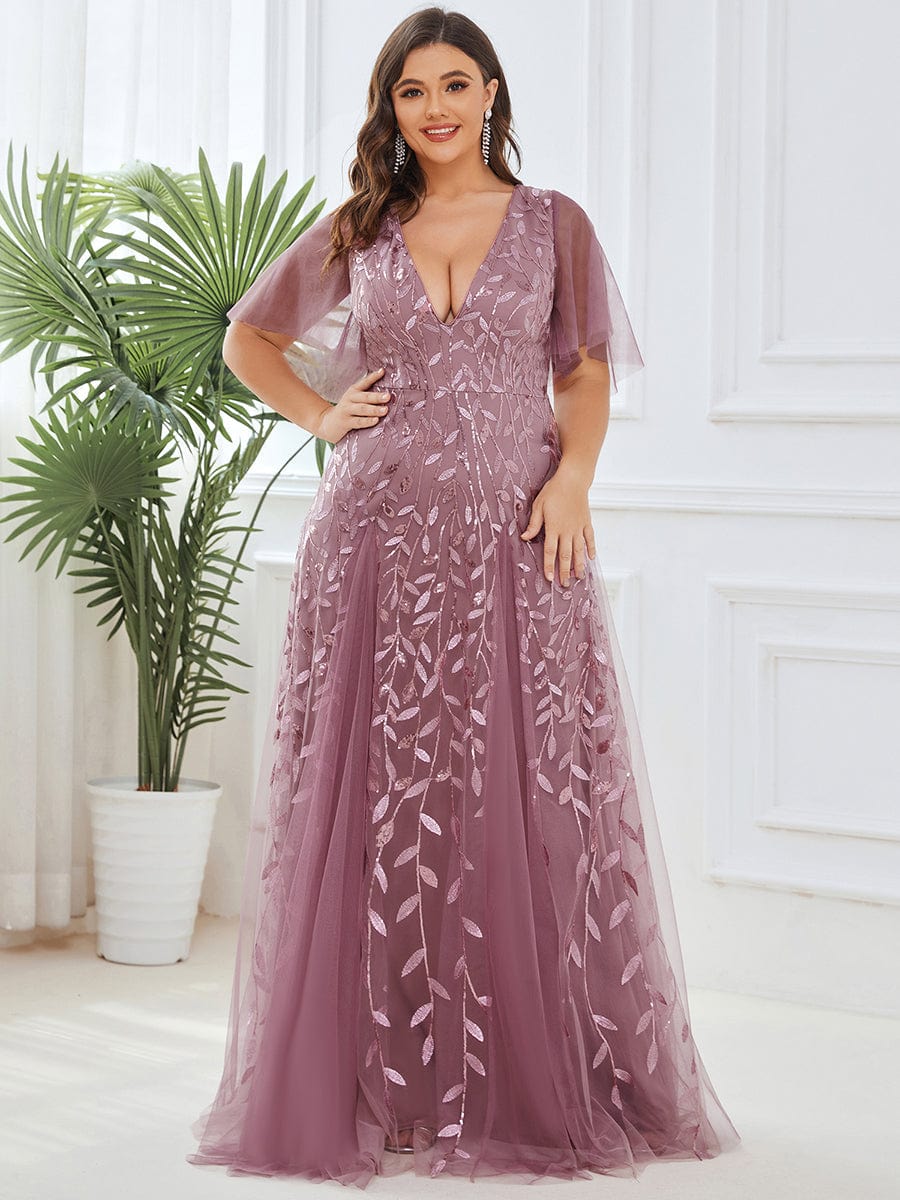 Sequin Embellished Deep V-Neck Plus Size Evening Dress - Image 2