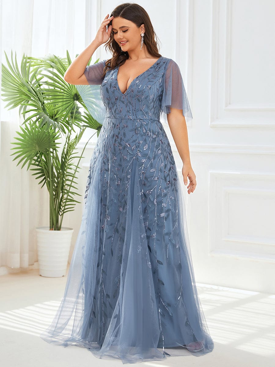 Sequin Embellished Deep V-Neck Plus Size Evening Dress - Image 9