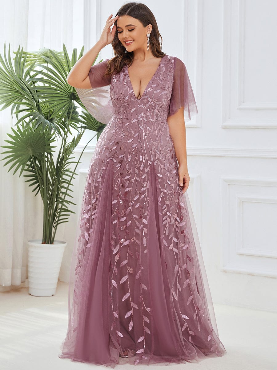 Sequin Embellished Deep V-Neck Plus Size Evening Dress - Image 5