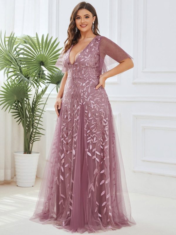 Sequin Embellished Deep V-Neck Plus Size Evening Dress - Image 4