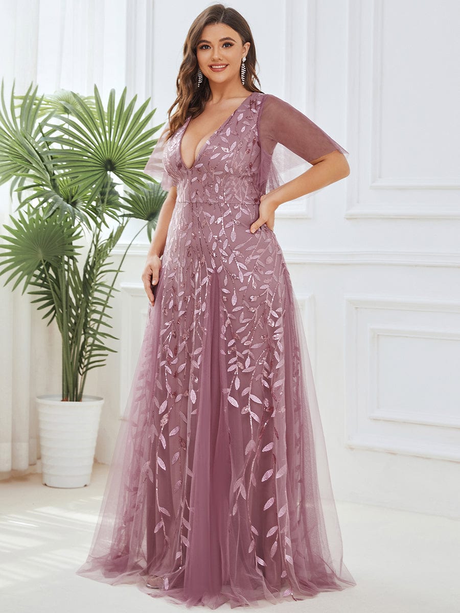Sequin Embellished Deep V-Neck Plus Size Evening Dress - Image 4