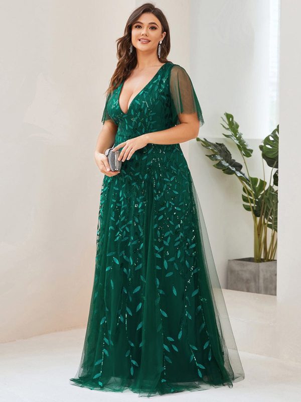 Sequin Embellished Deep V-Neck Plus Size Evening Dress - Image 18
