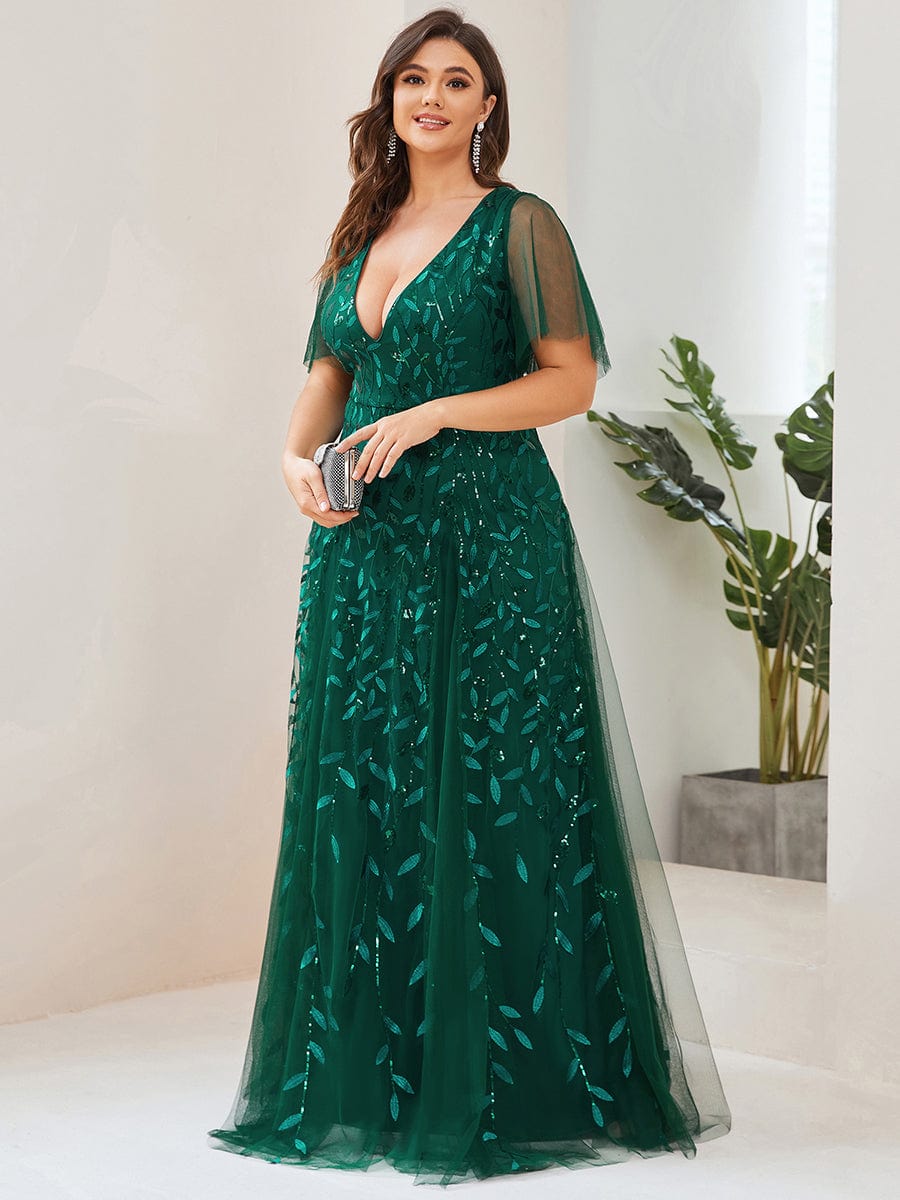 Sequin Embellished Deep V-Neck Plus Size Evening Dress - Image 18