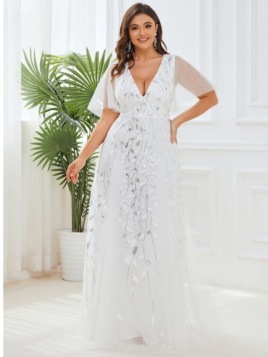 Sequin Embellished Deep V-Neck Plus Size Evening Dress - Image 21