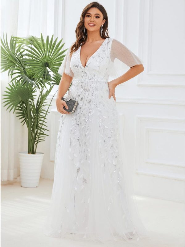 Sequin Embellished Deep V-Neck Plus Size Evening Dress - Image 25