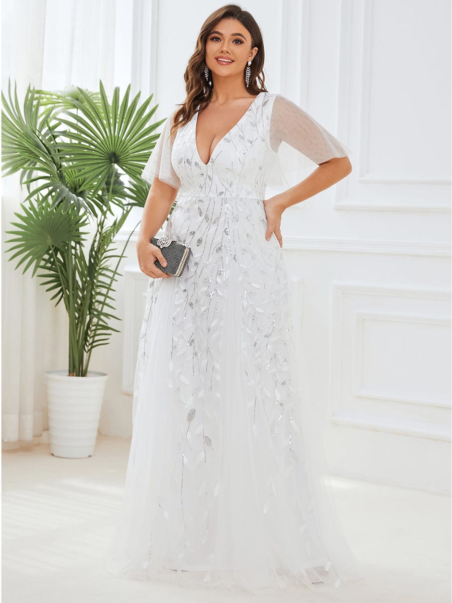 Sequin Embellished Deep V-Neck Plus Size Evening Dress - Image 25