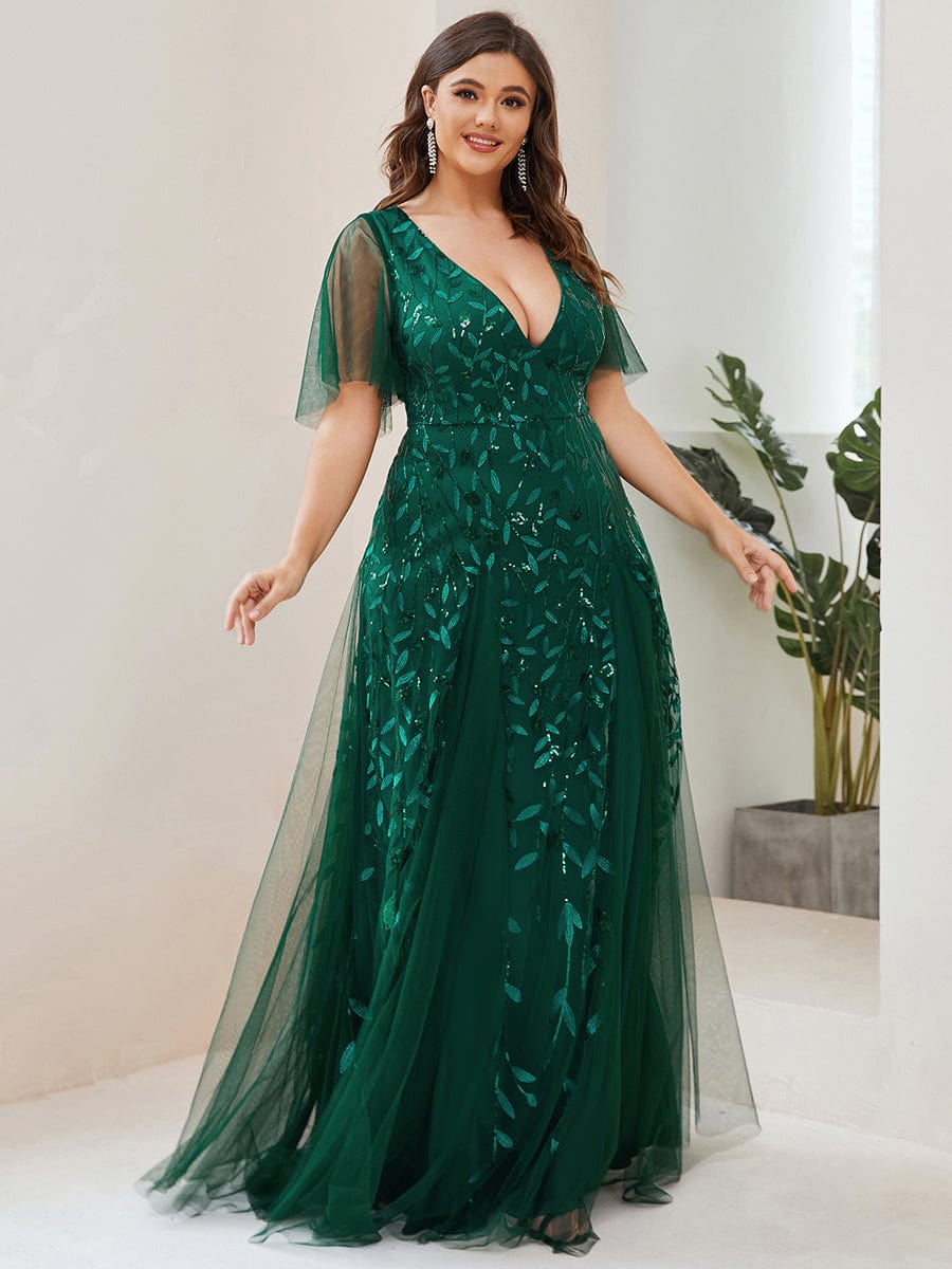 Sequin Embellished Deep V-Neck Plus Size Evening Dress - Image 19